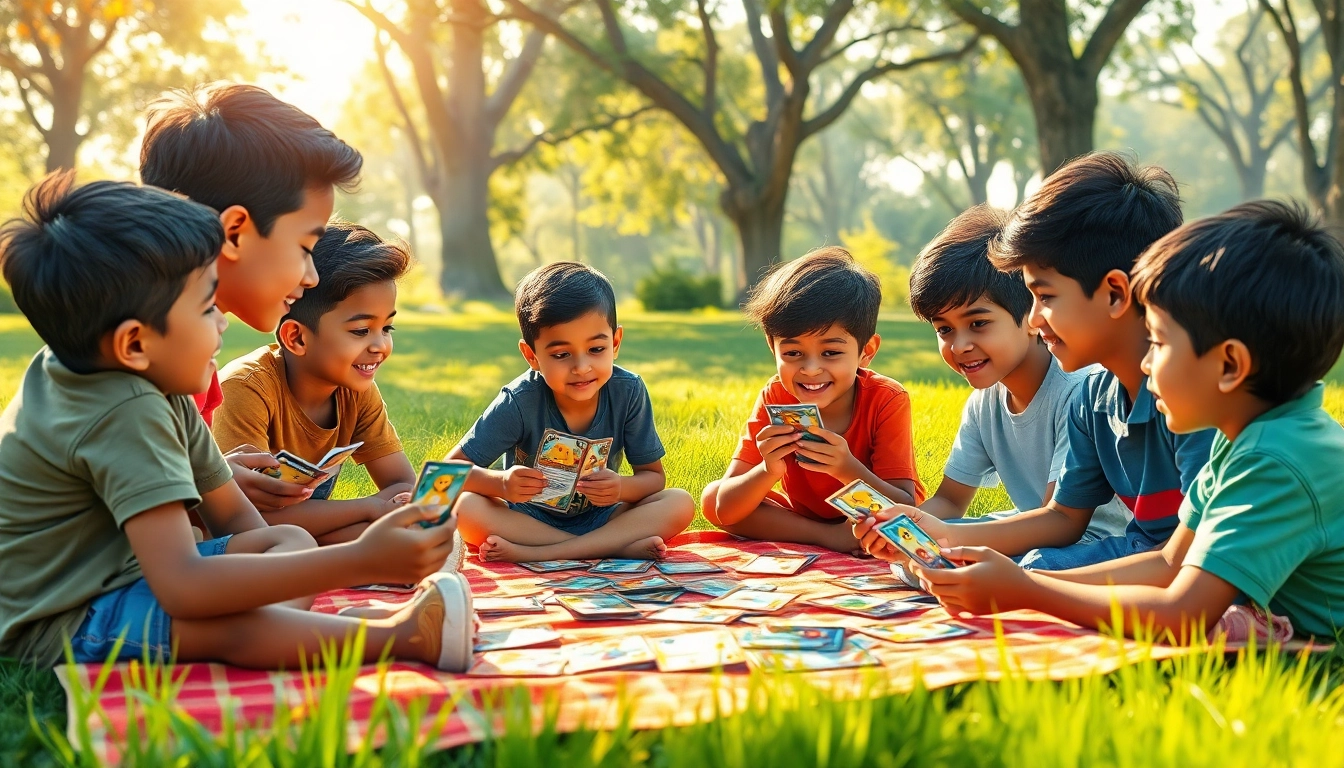 A group of kids joyfully trading Pokemon cards outdoors, illustrating the vibrant culture of Pokemon TCG India.