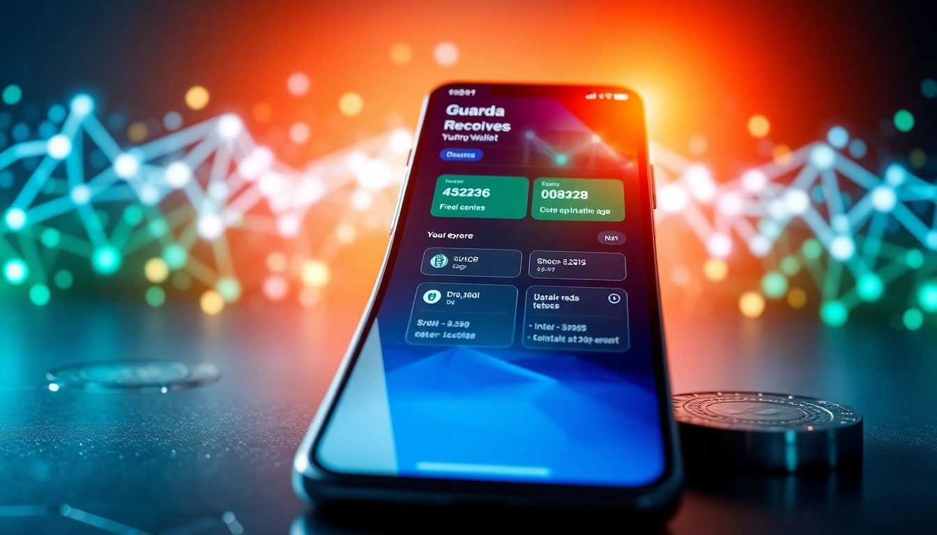 Showcase secure transactions in the guarda wallet app interface with vibrant tech elements.