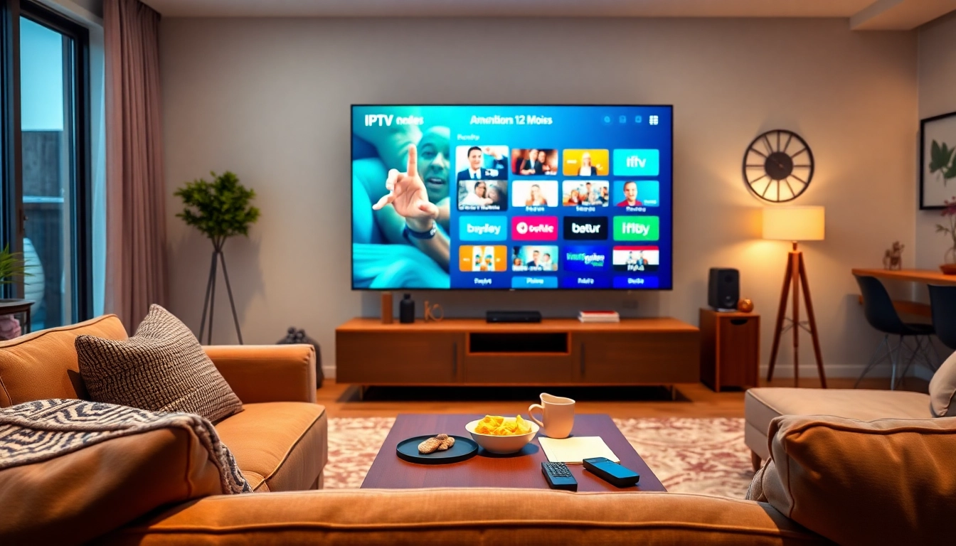 Profil de l'abonnement iptv abonnement 12 mois dans un salon moderne avec écran télé.