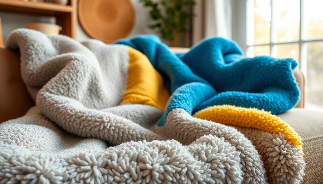 Fleece stof in een gezellige setting met diverse kleuren en texturen op een bank.