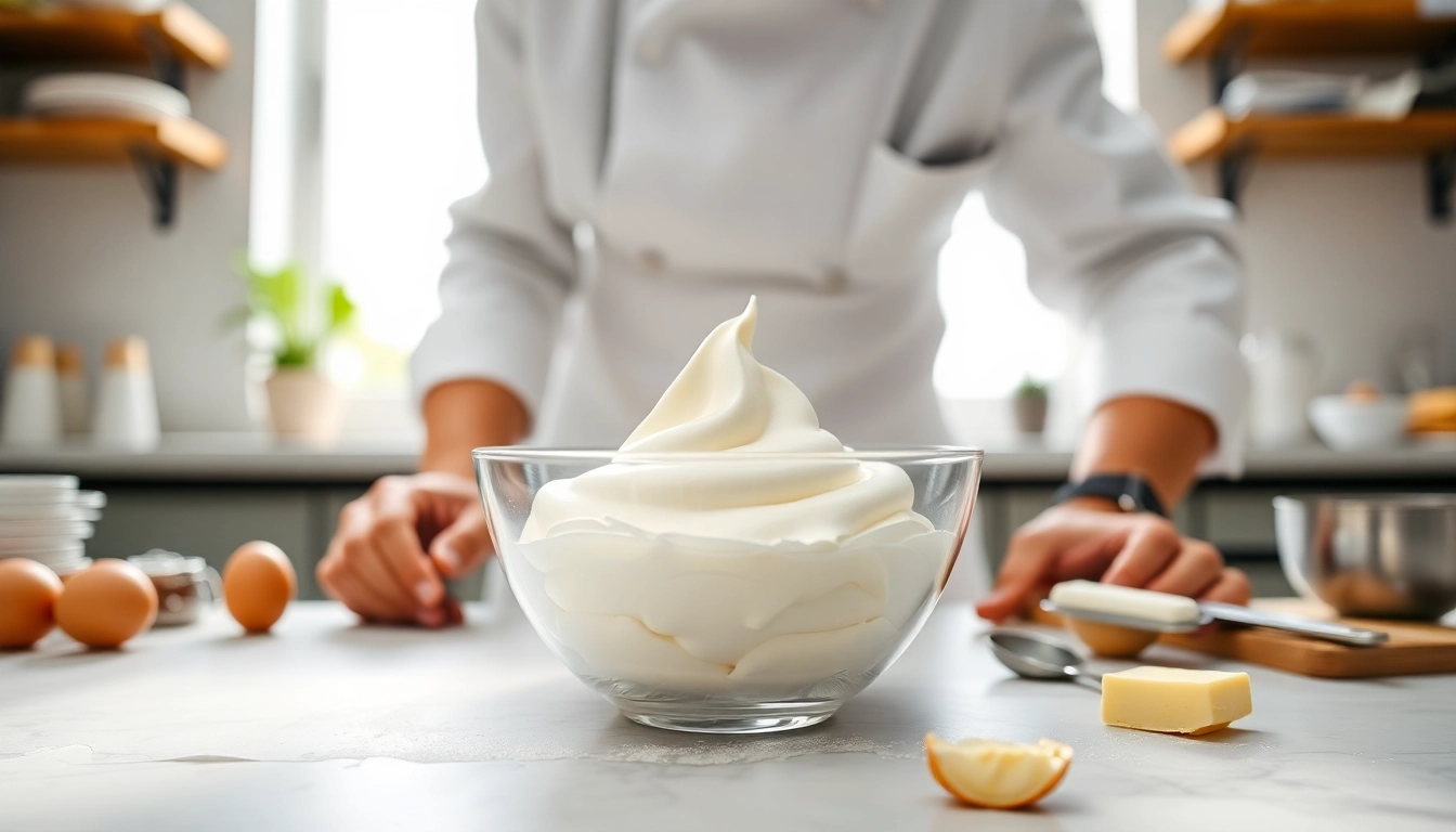 Maak mousseline crème met een luchtige textuur in een moderne keuken.