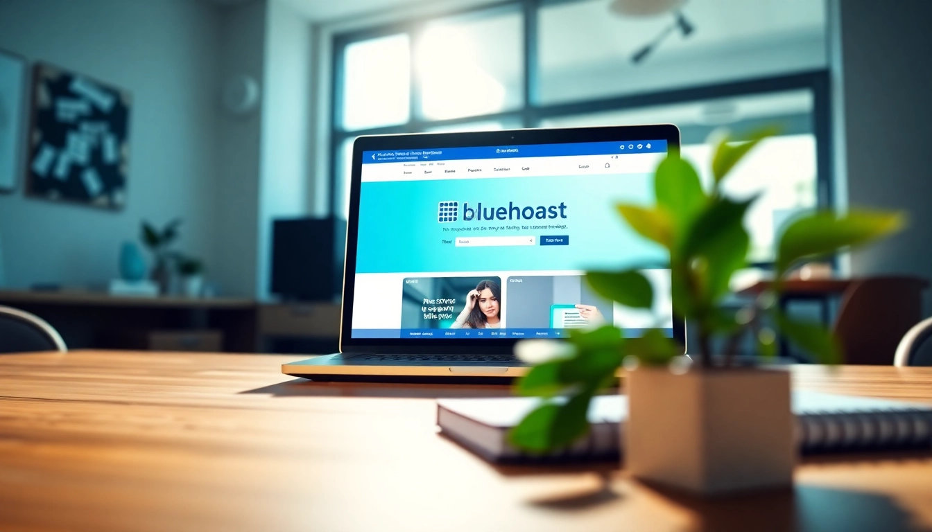 Engaging web hosting experience with Bluehost showcased on a modern laptop in a vibrant workspace.