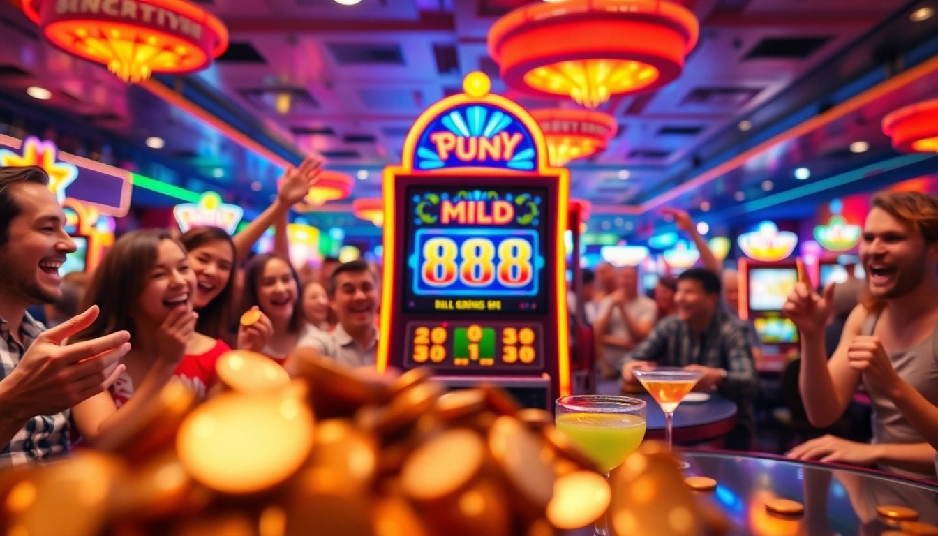 Mesin slot mild88 slot yang meriah dengan pemain yang merayakan kemenangan mereka.