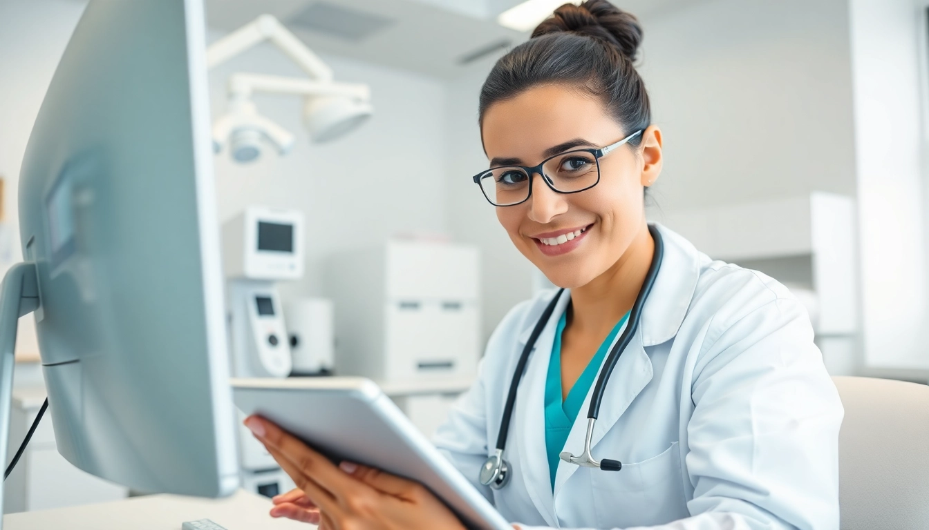 Illustration demonstrating how does eprescribing work by showing a healthcare provider using a digital system.