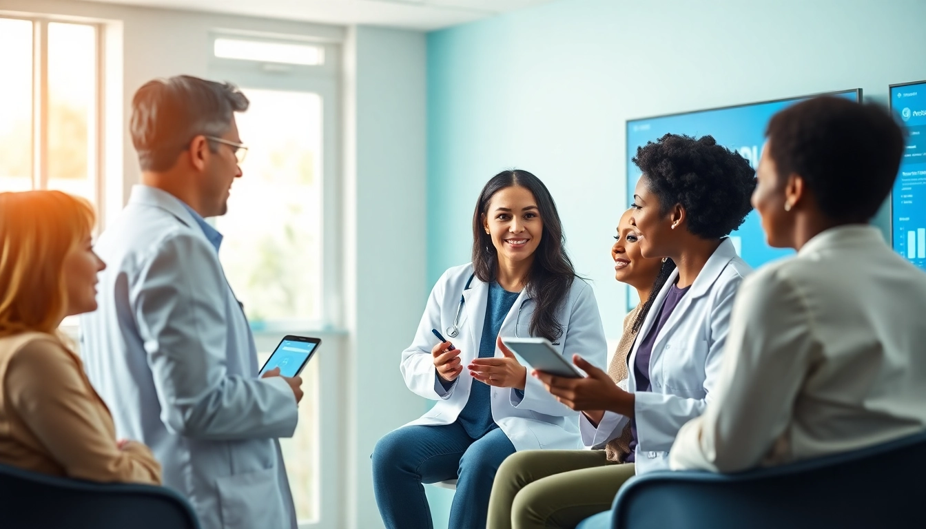 Engaging visual representing top rated prescription applications with healthcare professionals assisting patients in a clinical setting.