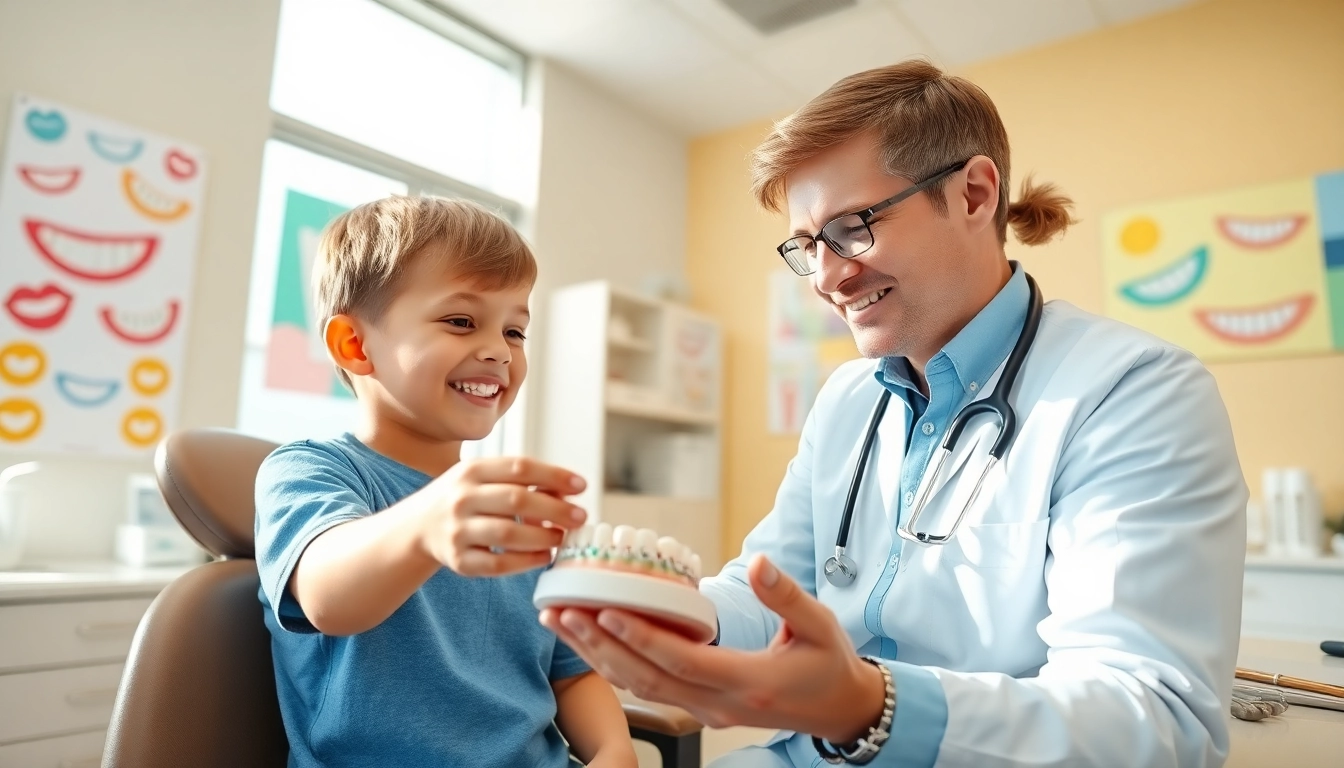 Orthodontist demonstrating braces Myrtle Beach to a young patient in a friendly clinic setting.